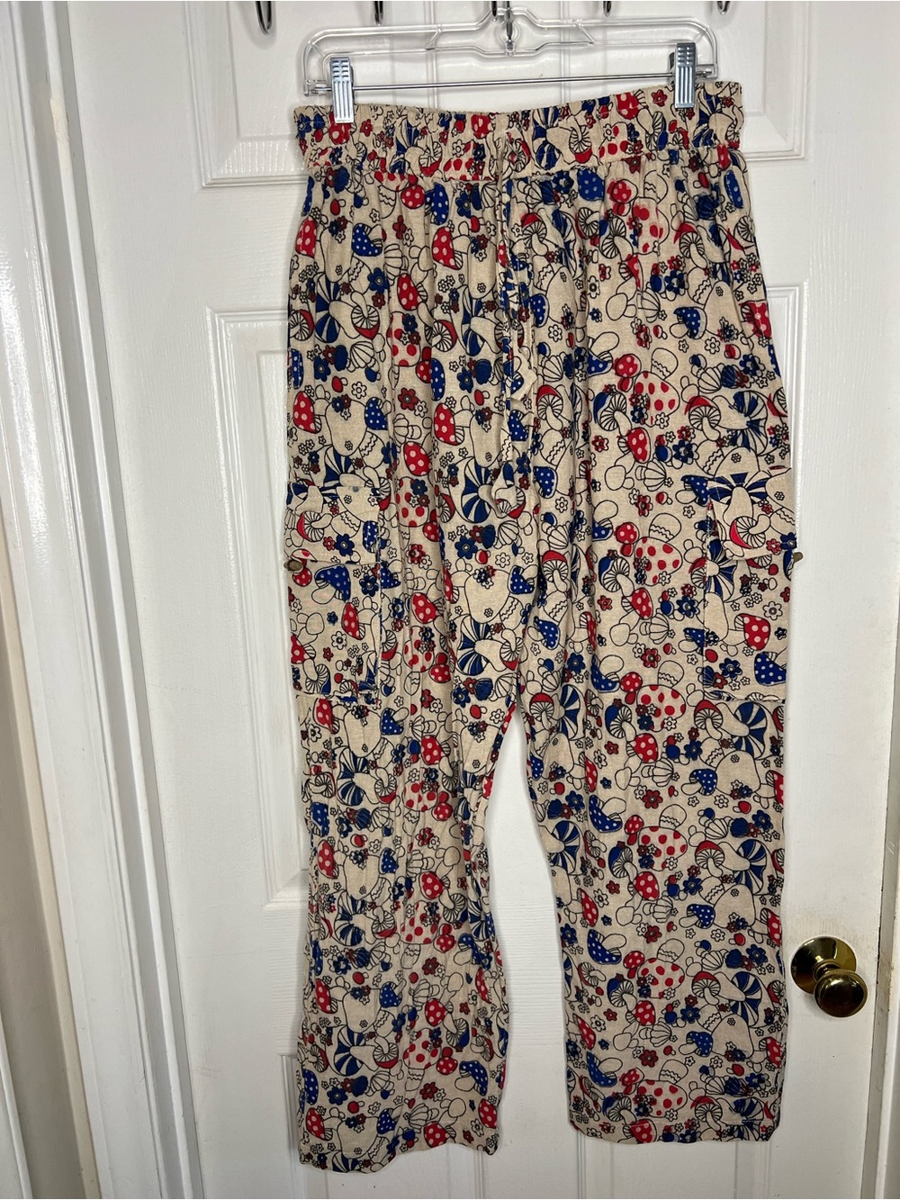 Ragstock mushroom Women’s cargo Wide leg pants Size X-Large Cotton Red Blue AOP - Picture 3 of 12